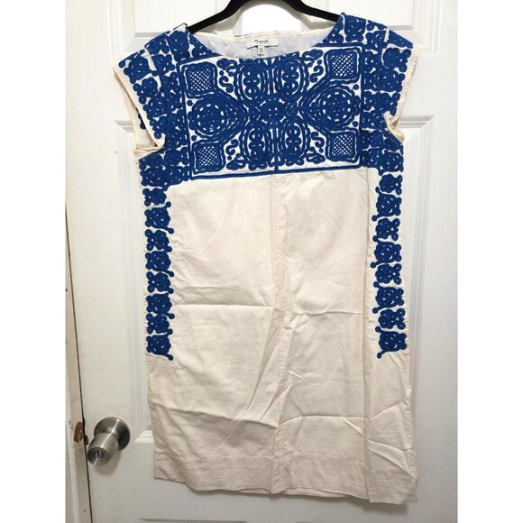 Madewell XS Cream & Blue Embroidered Cap Sleeve Dress Cotton Tunic - Picture 2 of 7